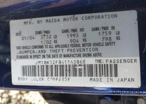 2004 Mazda Mazda3 I from USA, damaged, VIN JM1BK12F841143868